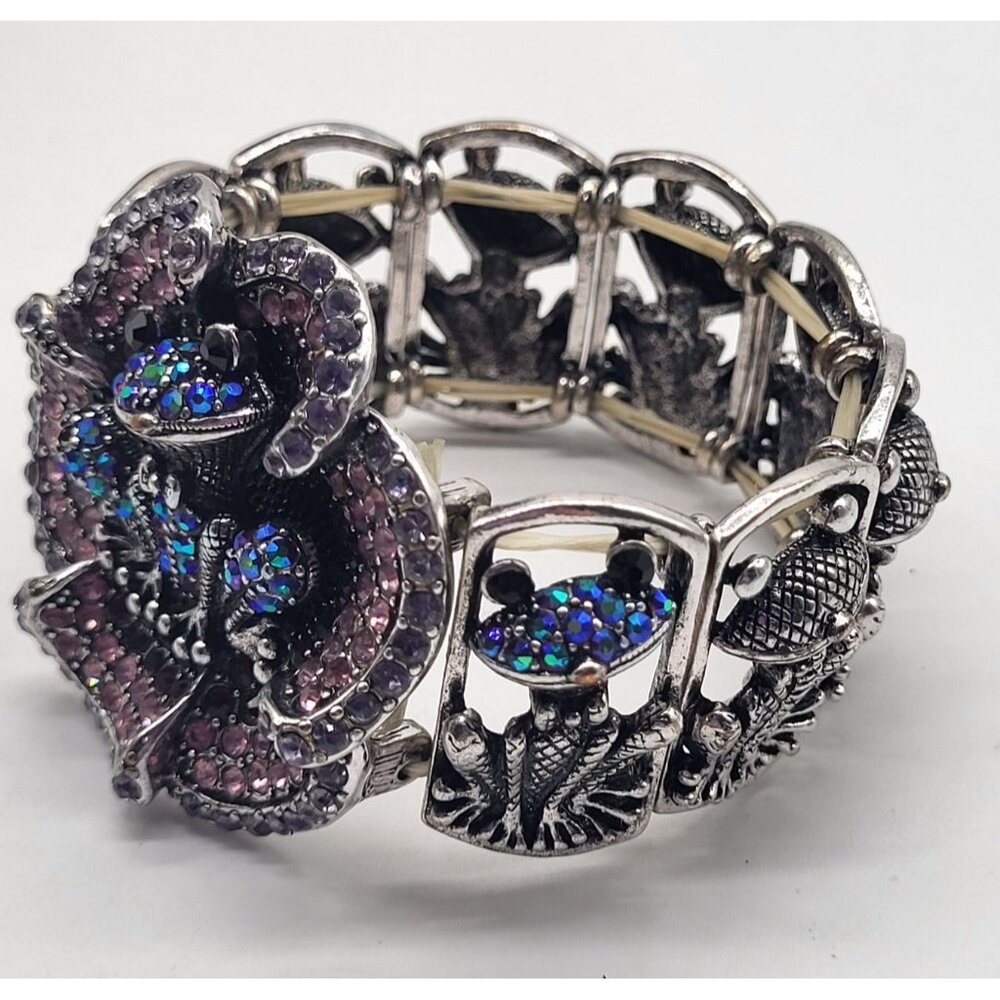 YUHONG Rhinestone Stretch Silver Tone Bracelet FROG Whimsical Bling Fairy Flower - Picture 2 of 12